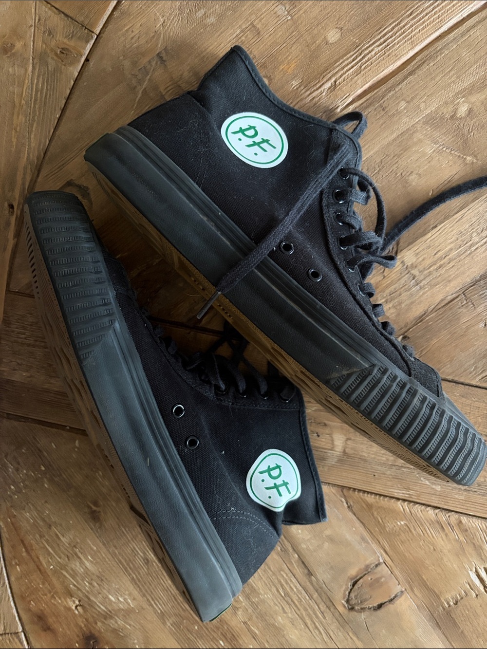 P.F. Flyers Black High-Top Canvas Sneakers with Green Logo Patch